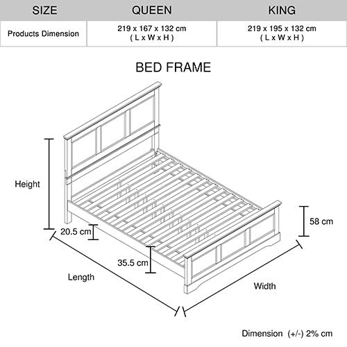 Queen Bed Frame In Solid Wood With Slats Support In Grey Colour