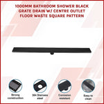 1000Mm Black Grate Shower Drain Square Pattern