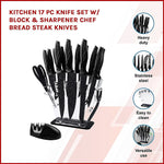 Kitchen 17 Pc Knife Set W/ Block & Sharpener Chef Bread Steak Knives