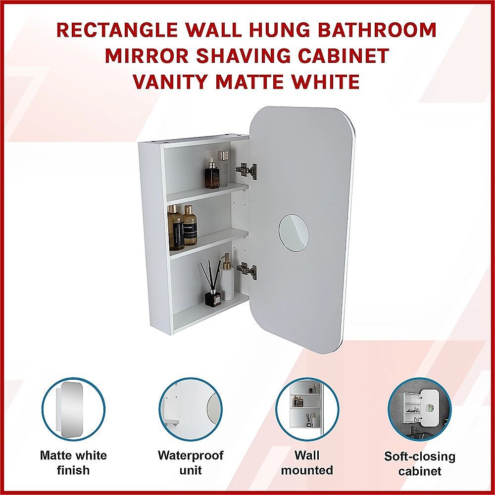 Rectangle Wall Hung Bathroom Mirror Shaving Cabinet Vanity Matte White