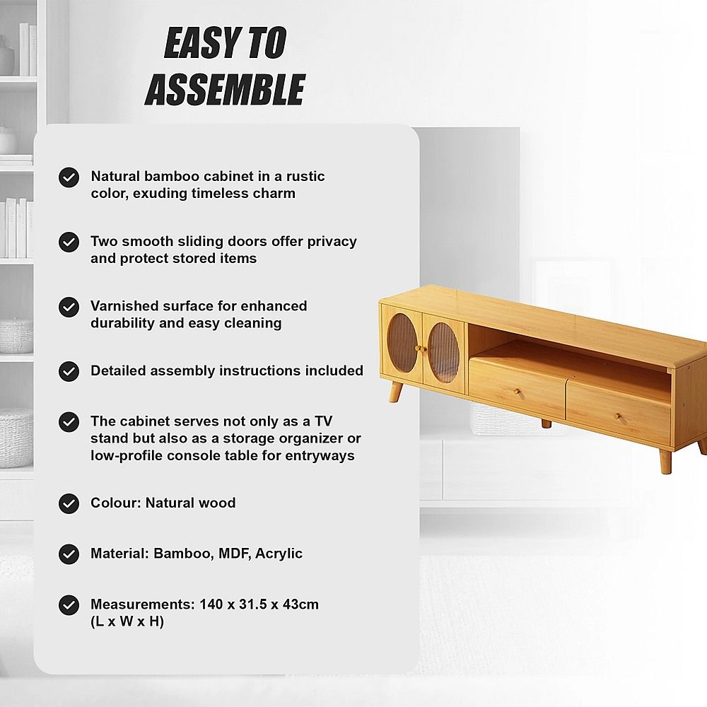 140cm Bamboo TV Cabinet Entertainment Unit with Drawers Media Storage Console Stand