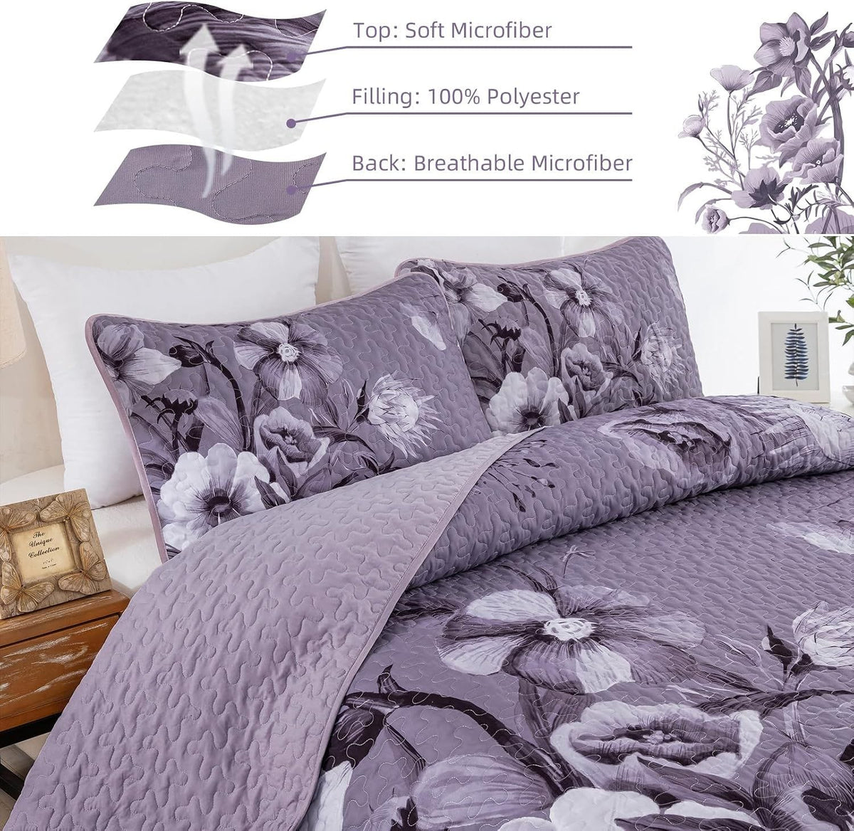 Purple Floral Bedspread Set 230x250cm