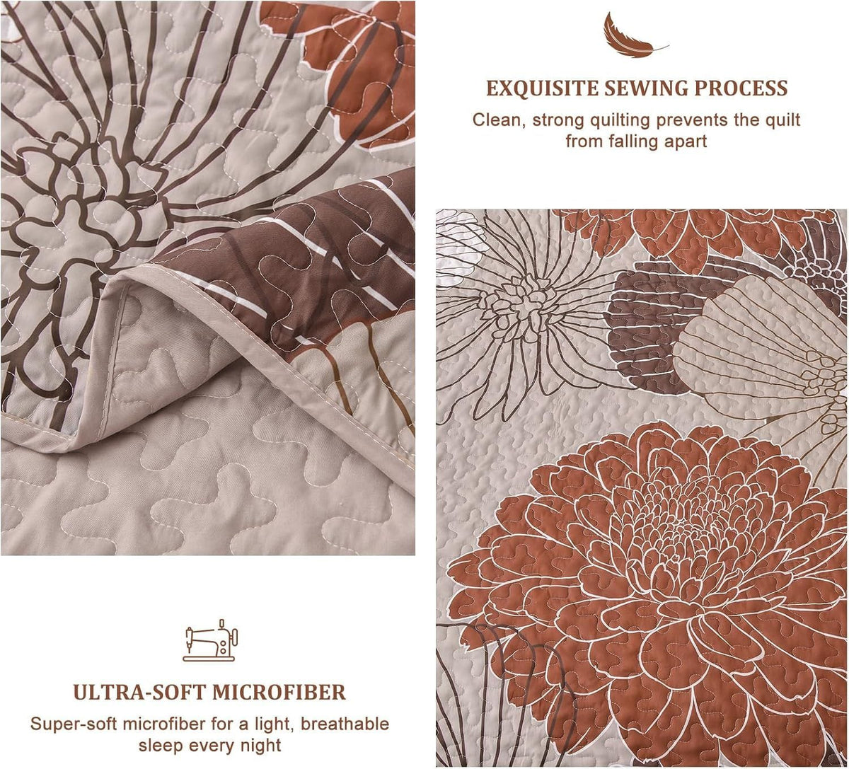 Brown Floral Bedspread Set 230x250cm