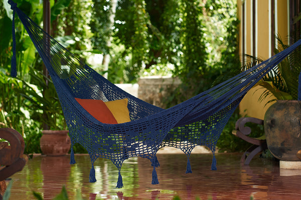  Outdoor Undercover Cotton Hammock With Tassels King Size Blue