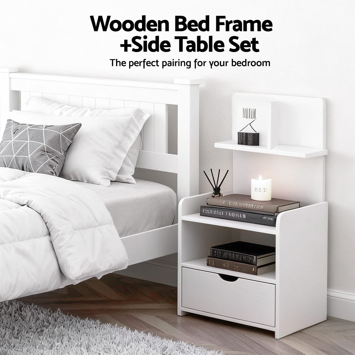 King Single Bed Frame White Marble 216x118x94cm