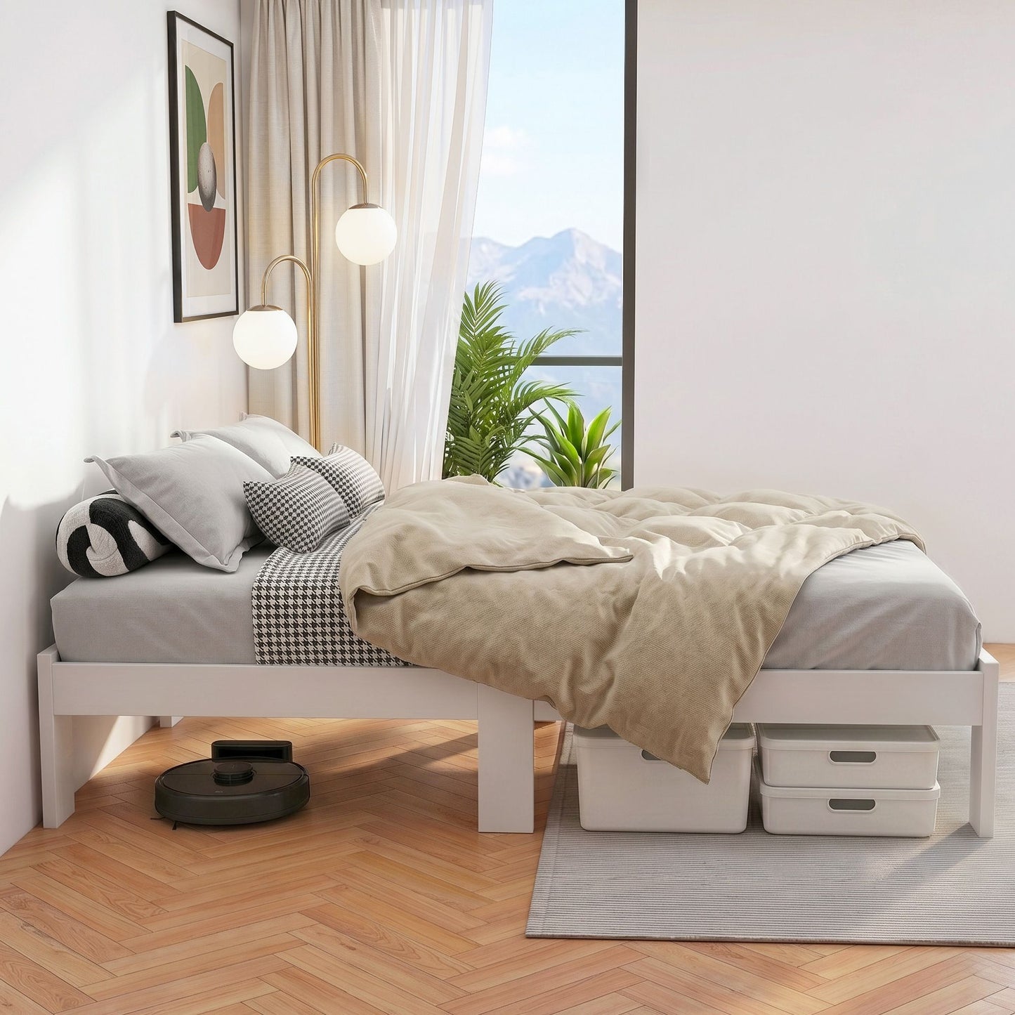 Bed Frame Queen Size Wooden White Jade