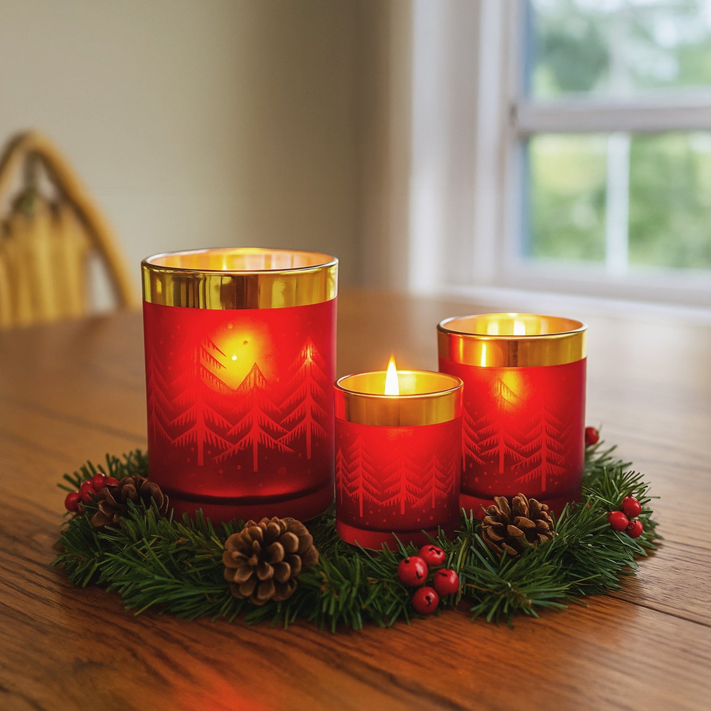 Christmas Candle Jar Set of 3 Red and Gold Holiday Candle Holders