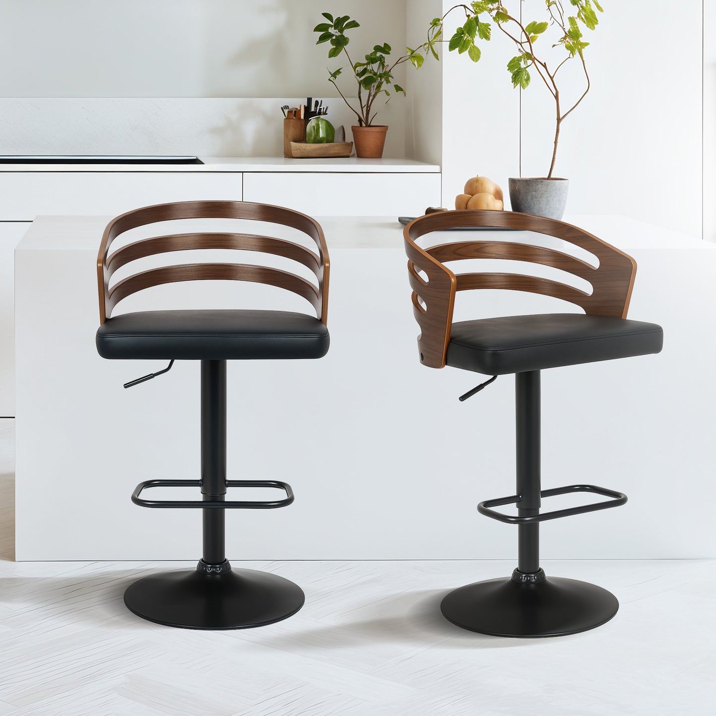 Set of 2 Bentwood Walnut Bar Stools Leather Seat Metal Frame Base