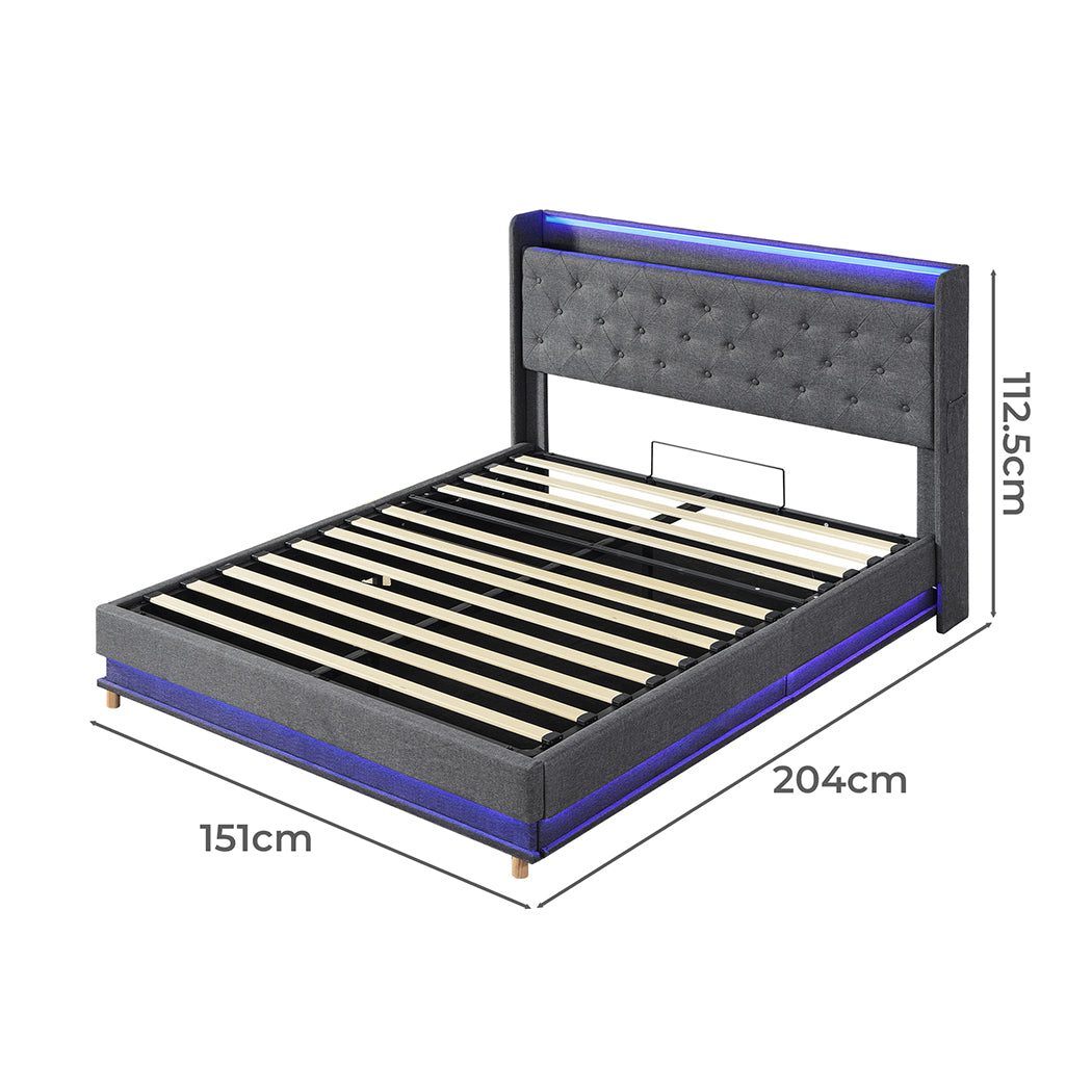 Stylish Double Bed Frame Gas Lift LED Light Premium Quality Build