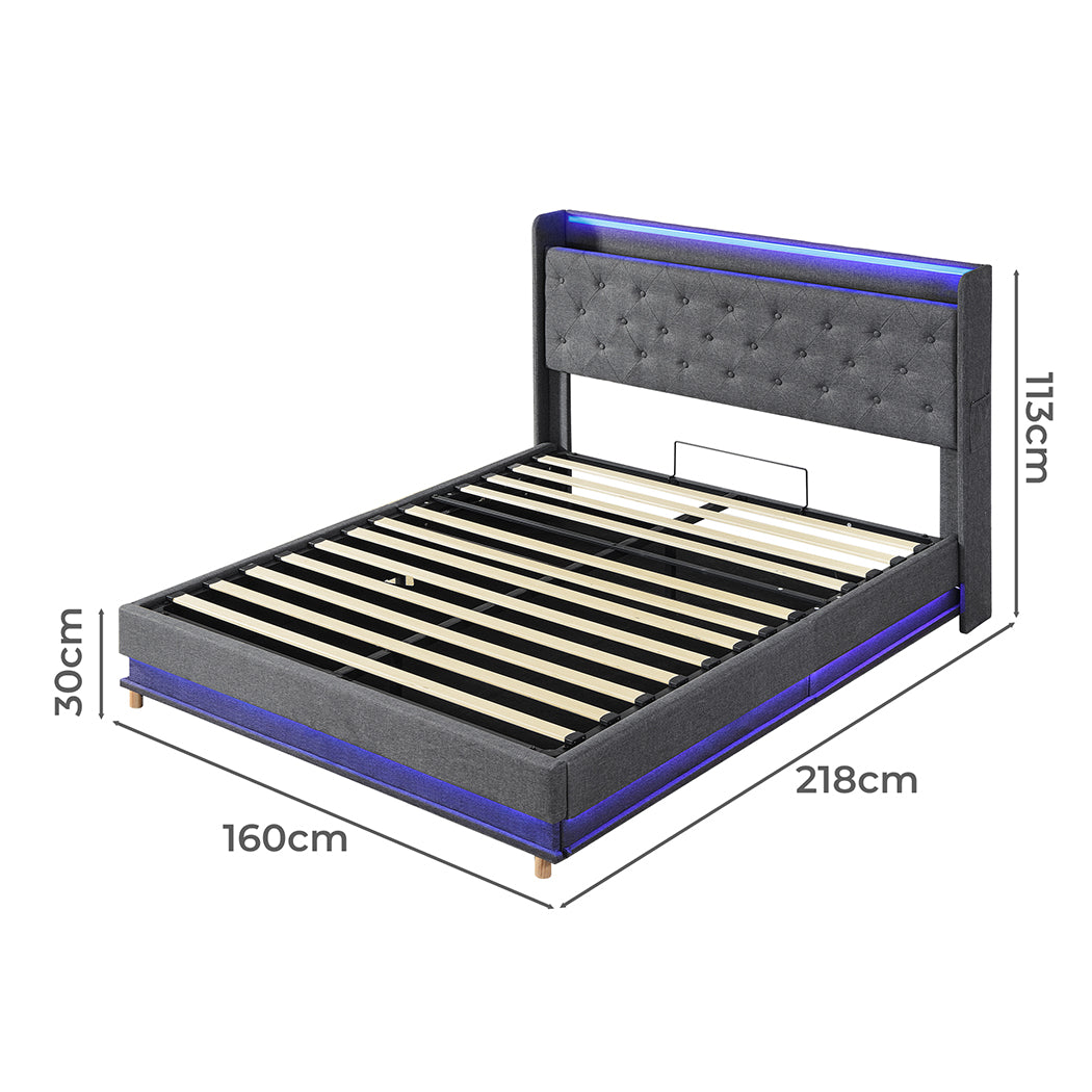 Modern Queen Bed Frame Gas Lift LED Light Soft Cushion Classic