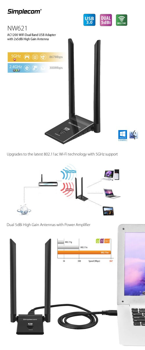 Ac1200 Wifi Dual Band Usb3.0 Adapter With 2X 5Dbi High Gain Antennas