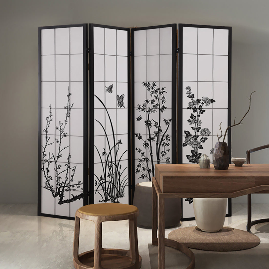 4 Panel Room Divider Screen Door Stand Privacy Fringe Wood Fold Blossom