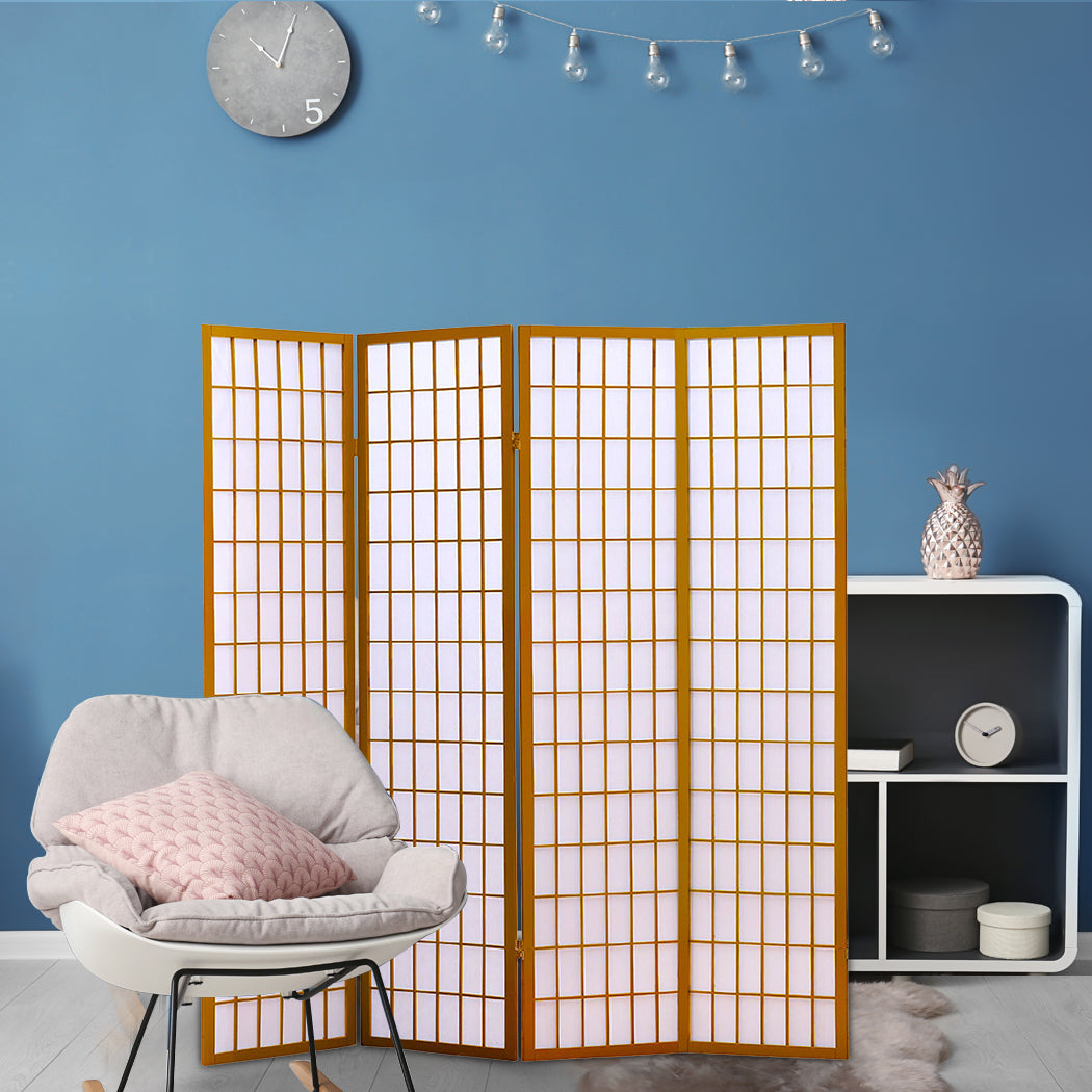 4 Panel Free Standing Foldable Room Divider Privacy Screen Wood Frame