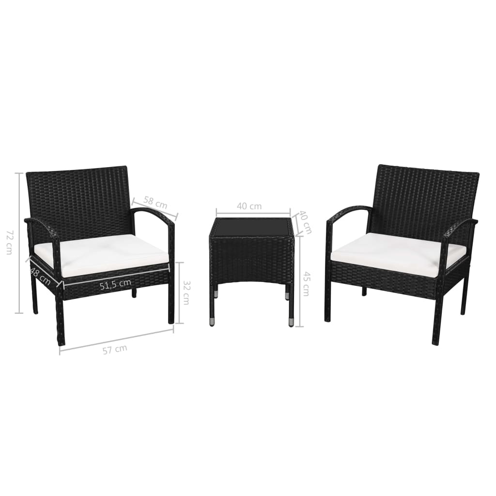 3 Piece Bistro Set with Cushions Poly Rattan Black