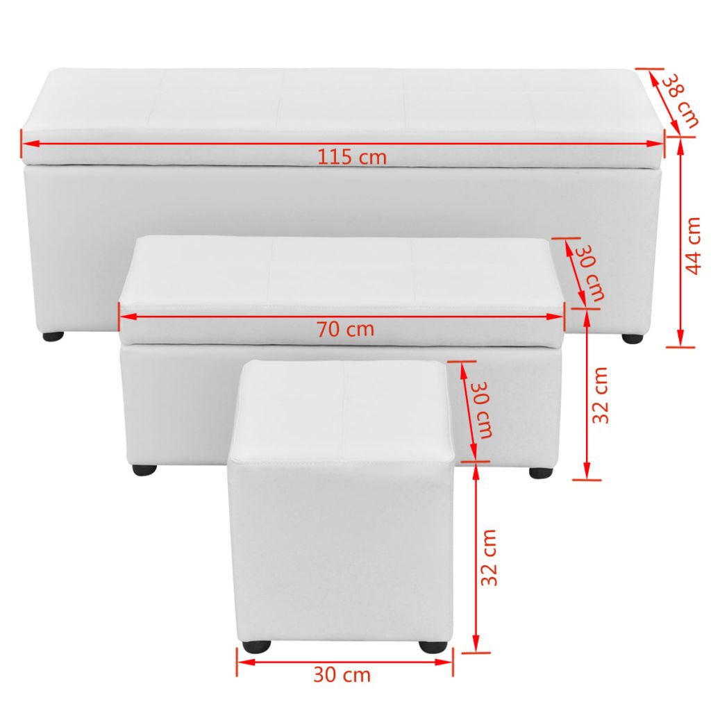 3 Piece Storage Bench Footrest Set Artificial Leather White