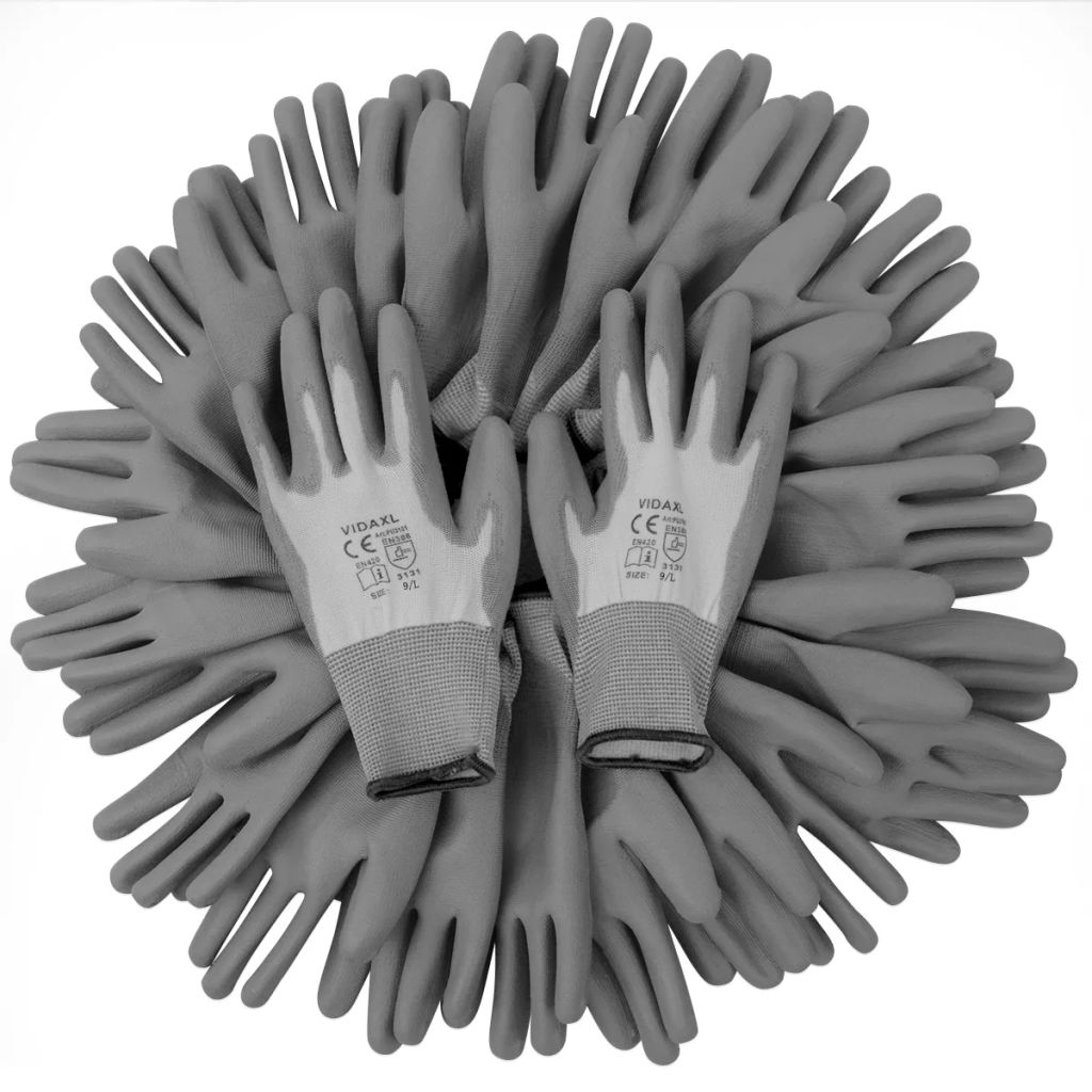 Work Gloves PU 24 Pairs White and Grey Size 9/L