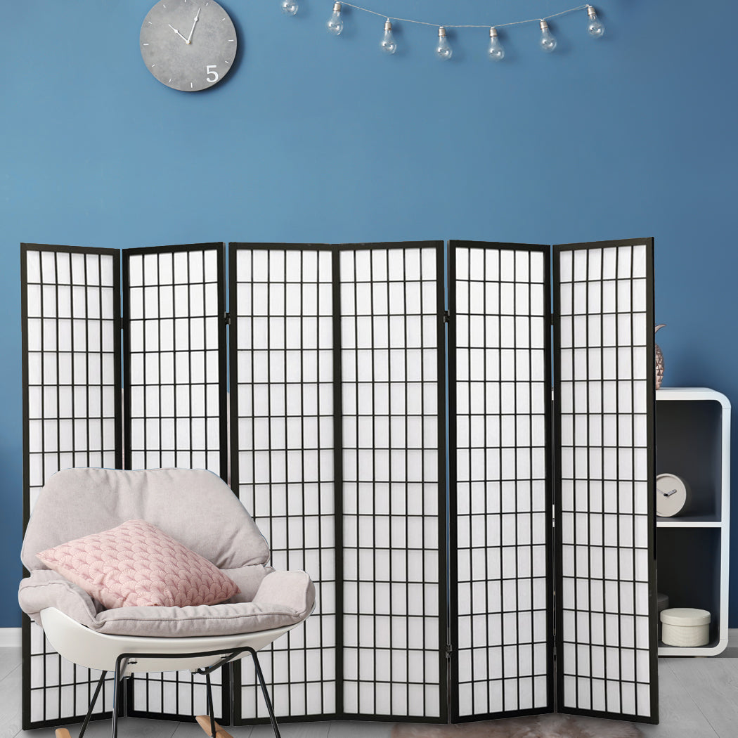 6 Panel Free Standing Foldable Room Divider Privacy Screen Black Frame