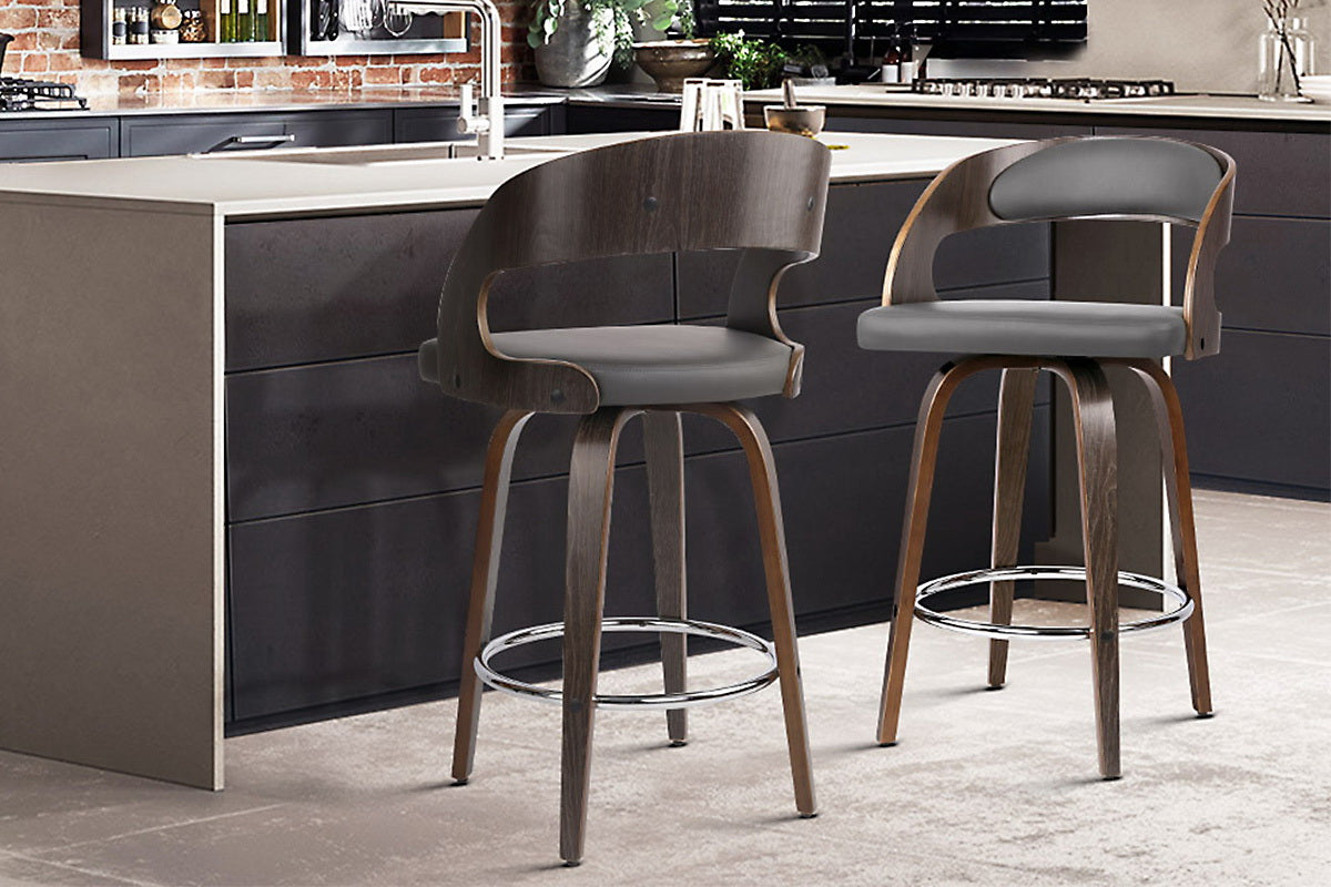 Set of 2 Walnut Wooden Bar Stool - Grey and Walnut