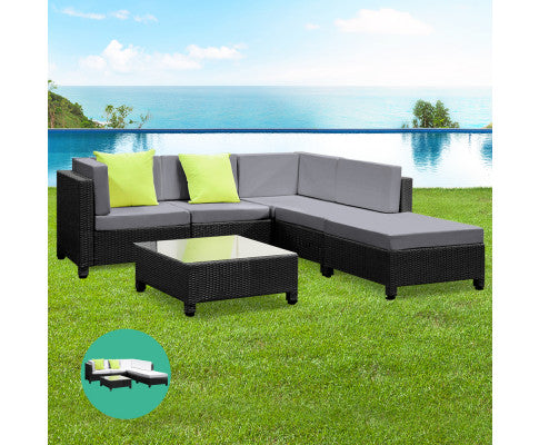 6pcs Outdoor Sofa Lounge Setting Couch Wicker Table Chairs Patio Furniture Black - Melbourne Home & Living