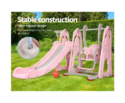 Kids Slide Swing Outdoor Playground Basketball Hoop Playset Indoor Pink