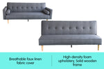 3 Seater Linen Sofa Bed Couch with Pillows - Dark Grey