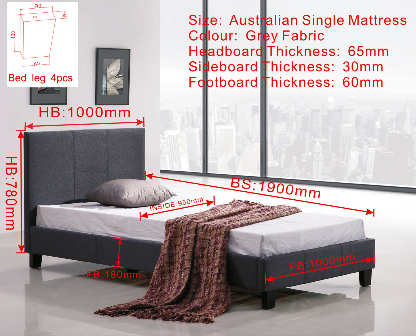 Single Linen Fabric Bed Frame Grey - Melbourne Home & Living