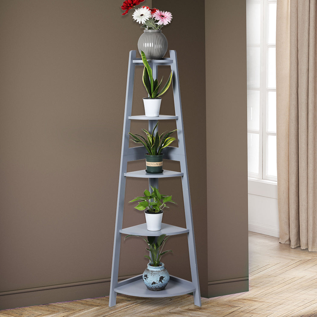 5 Tier Corner Shelf Wooden Storage Plant Stand Grey