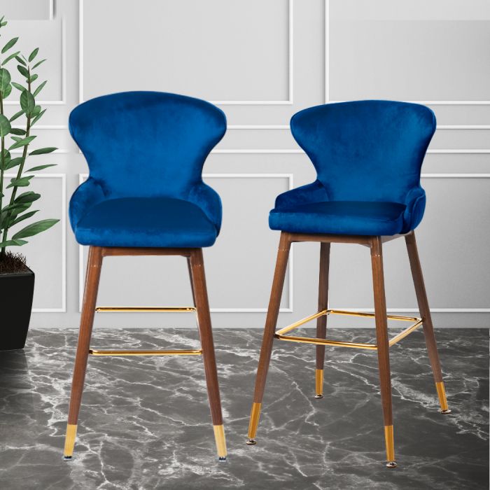 2x Kitchen Stool Chairs Velvet Swivel Luxury Barstools Blue