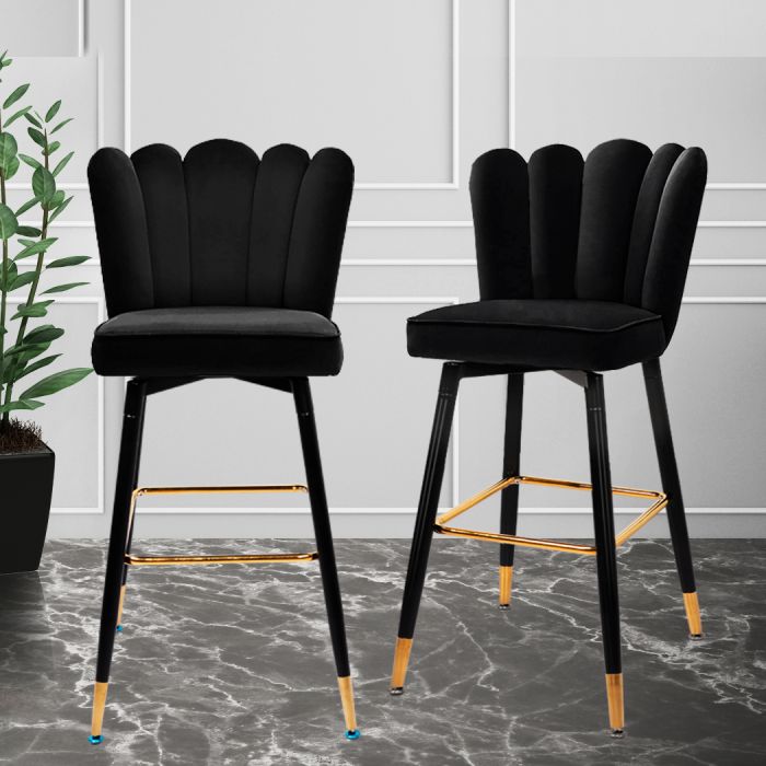 2x Kitchen Stool Chairs Velvet Swivel Luxury Barstools Black
