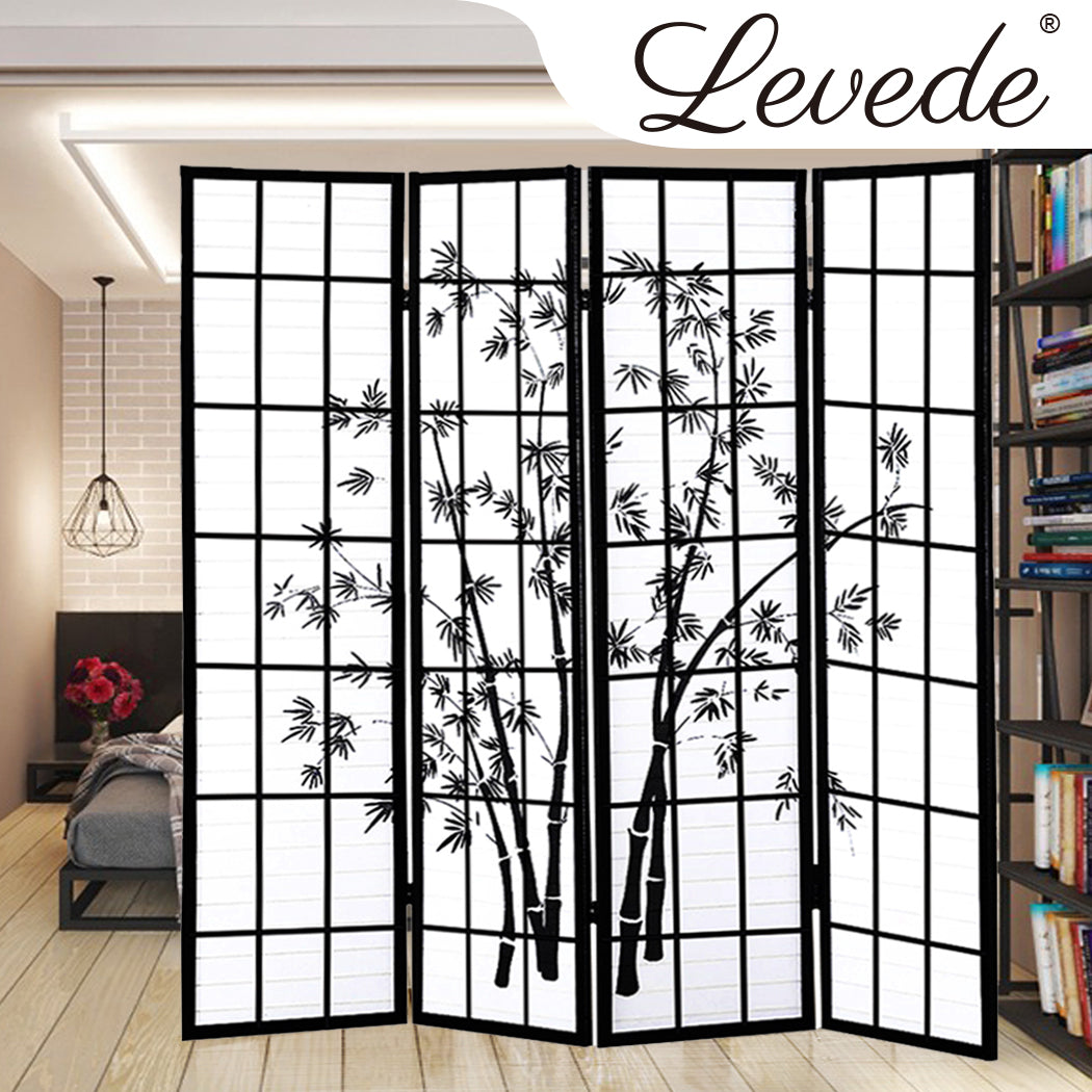 4 Panel Room Divider Screen Door Stand Privacy Fringe Wood Fold Bamboo