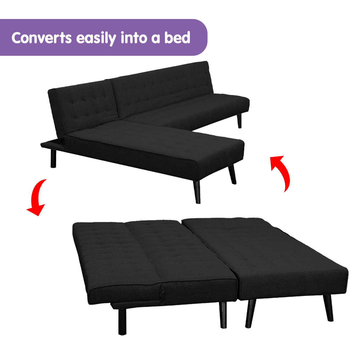 3-Seater Corner Sofa Bed Lounge Chaise Couch - Black