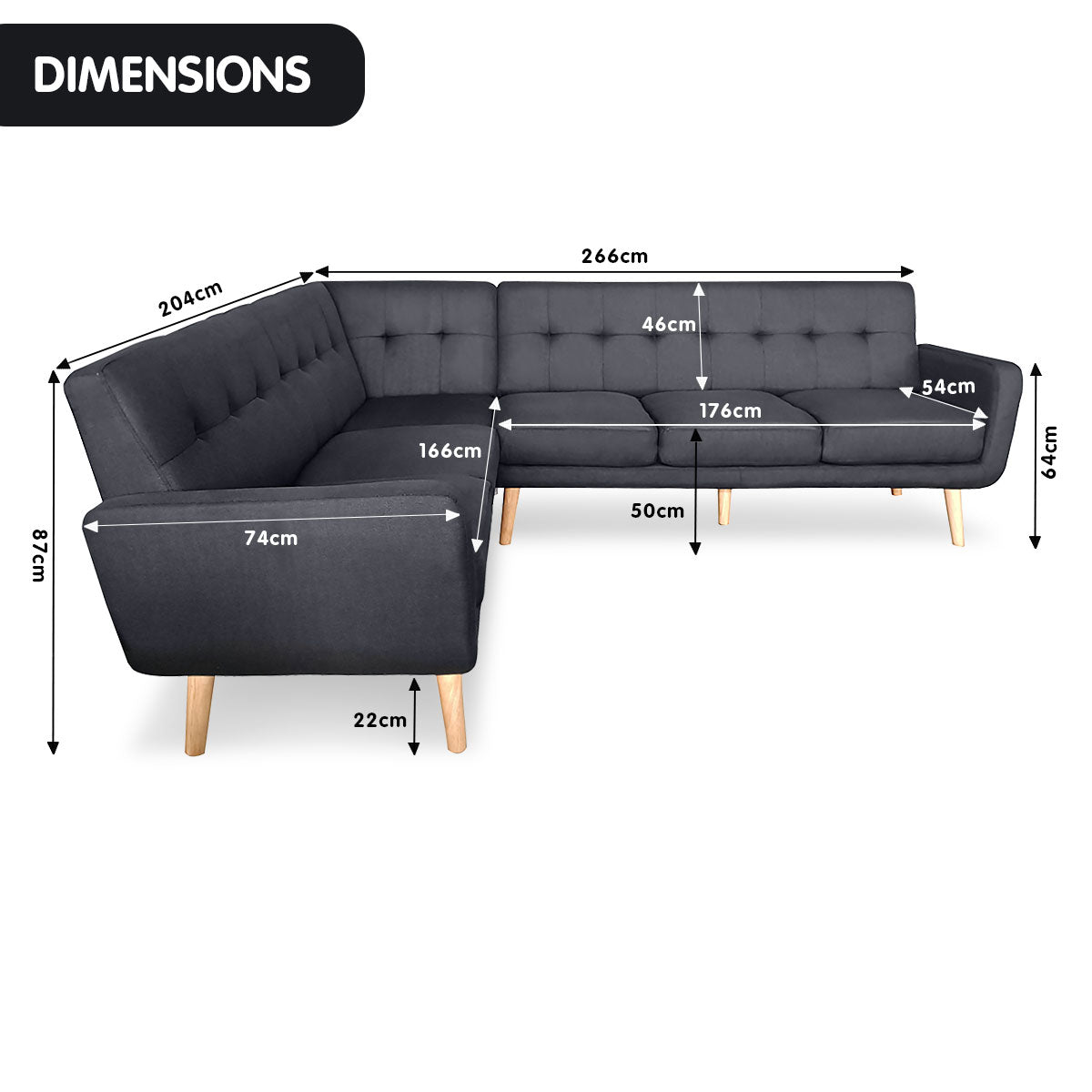 Faux Linen Corner Wooden Sofa Futon Lounge L-shaped with Chaise Black