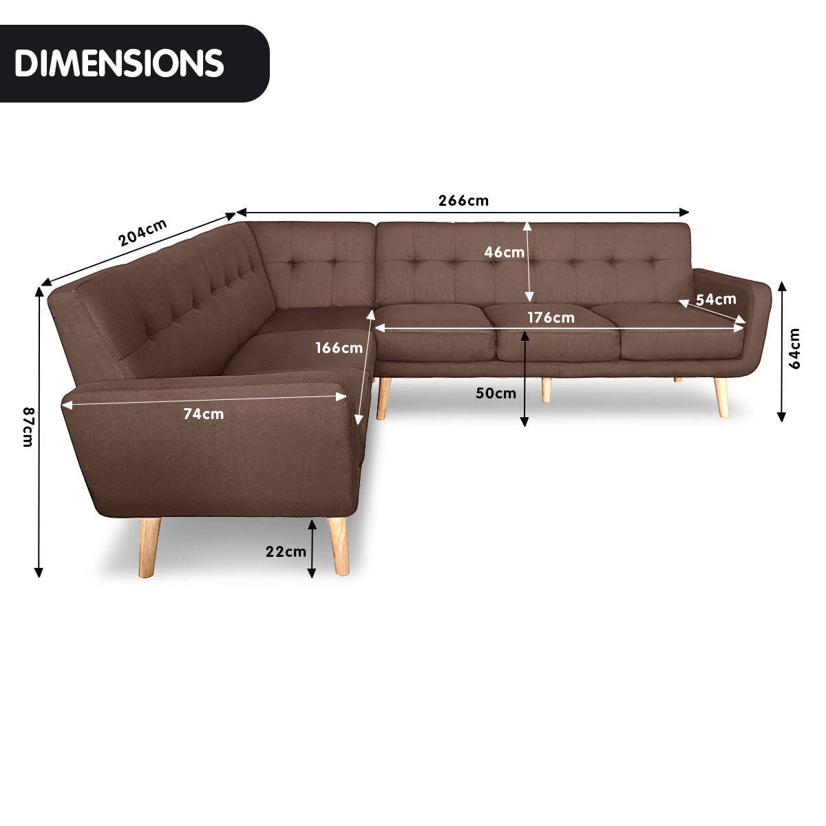 Faux Linen Corner Wooden Sofa Lounge L-shaped Futon with Chaise Brown