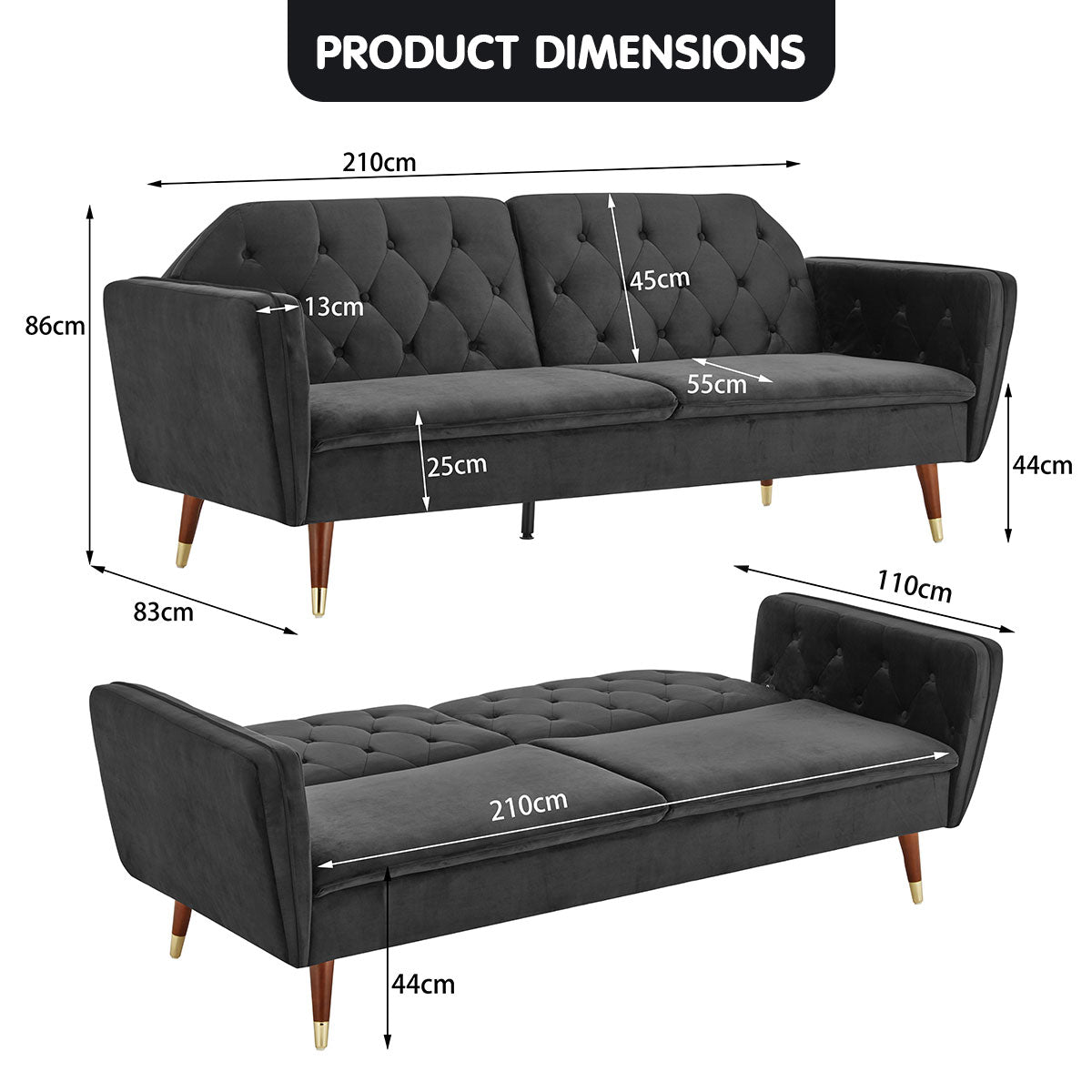Faux Velvet Tufted Sofa Bed Couch Futon - Black