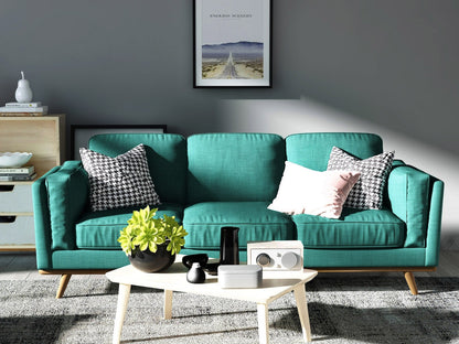 Teal Fabric 3-Seater Sofa With Wooden Frame