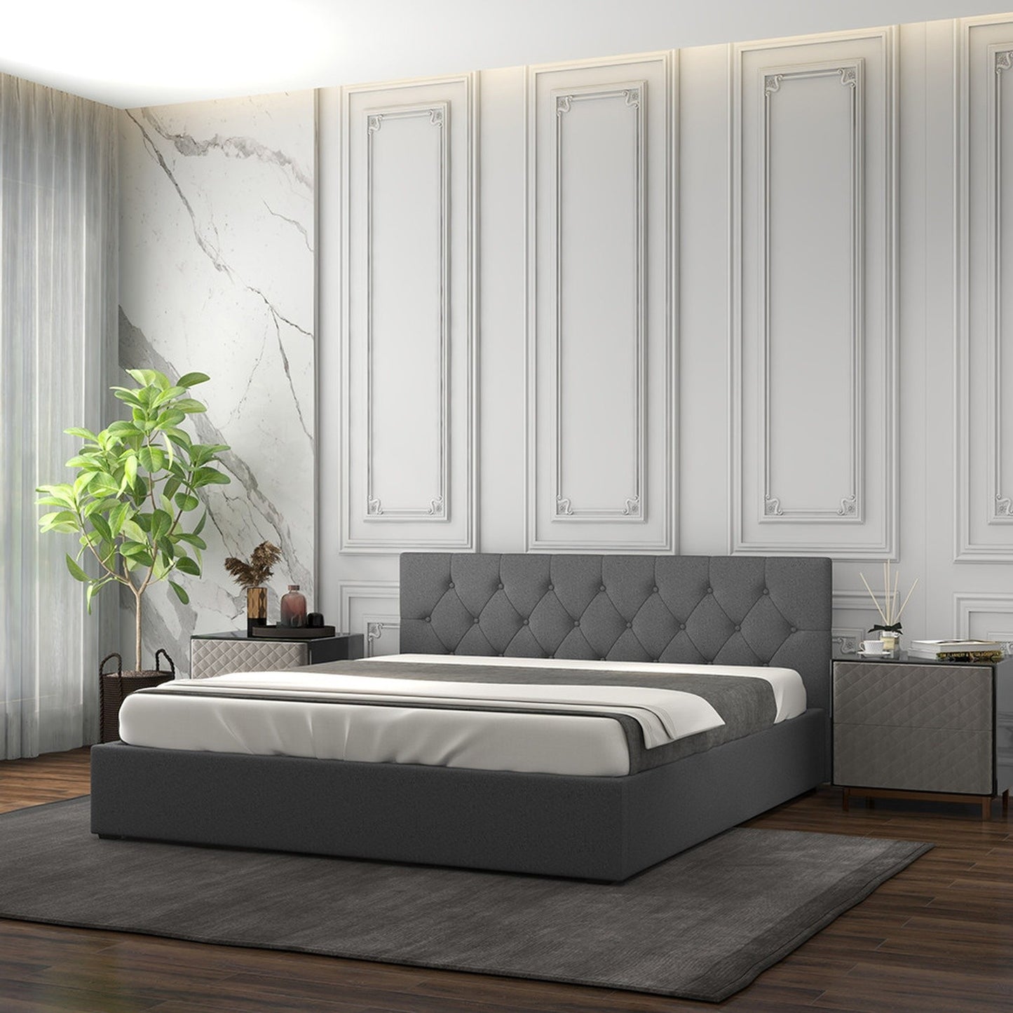 Grey Gas Lift Bed Double 200x102x87.5cm