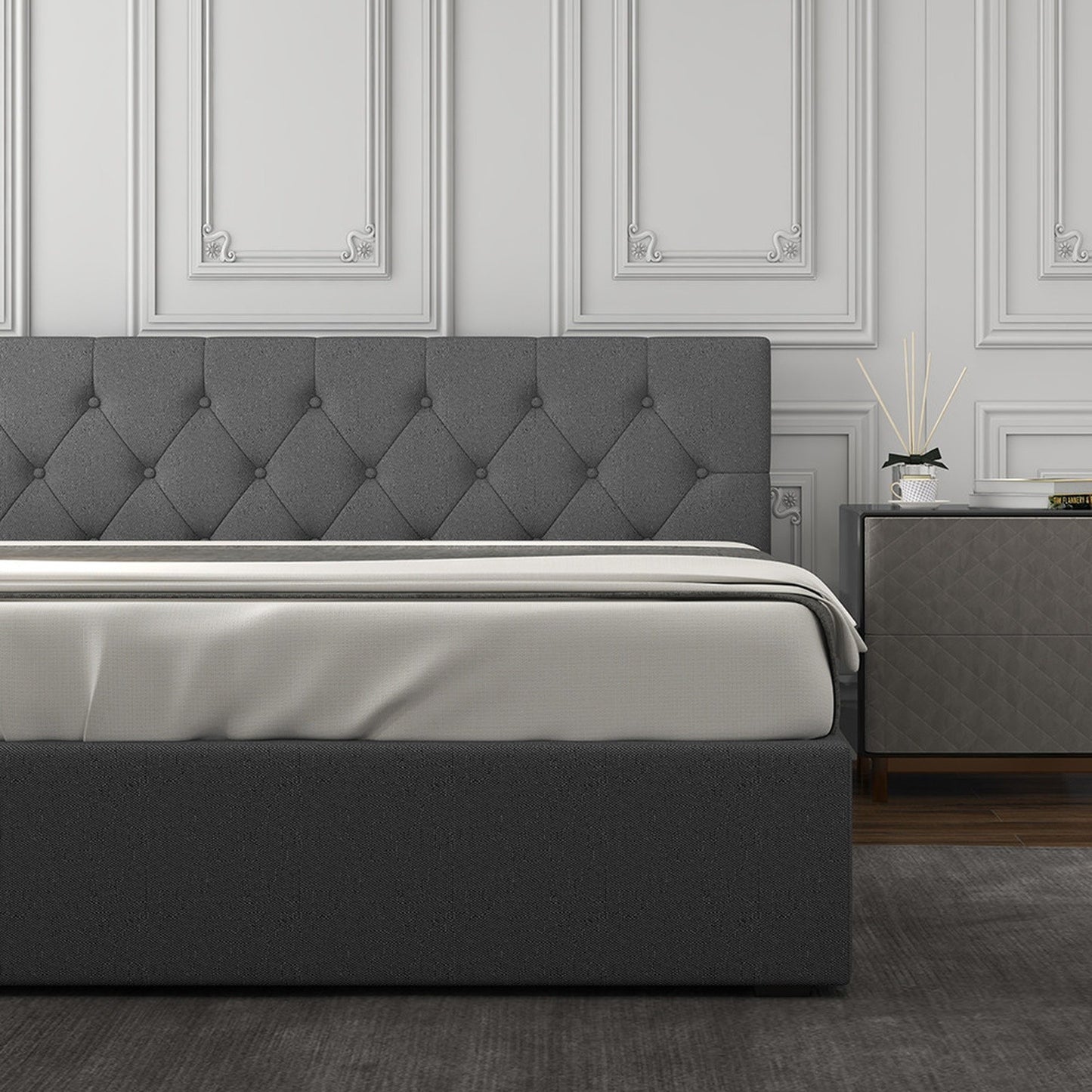 Grey Gas Lift Bed Double 200x102x87.5cm