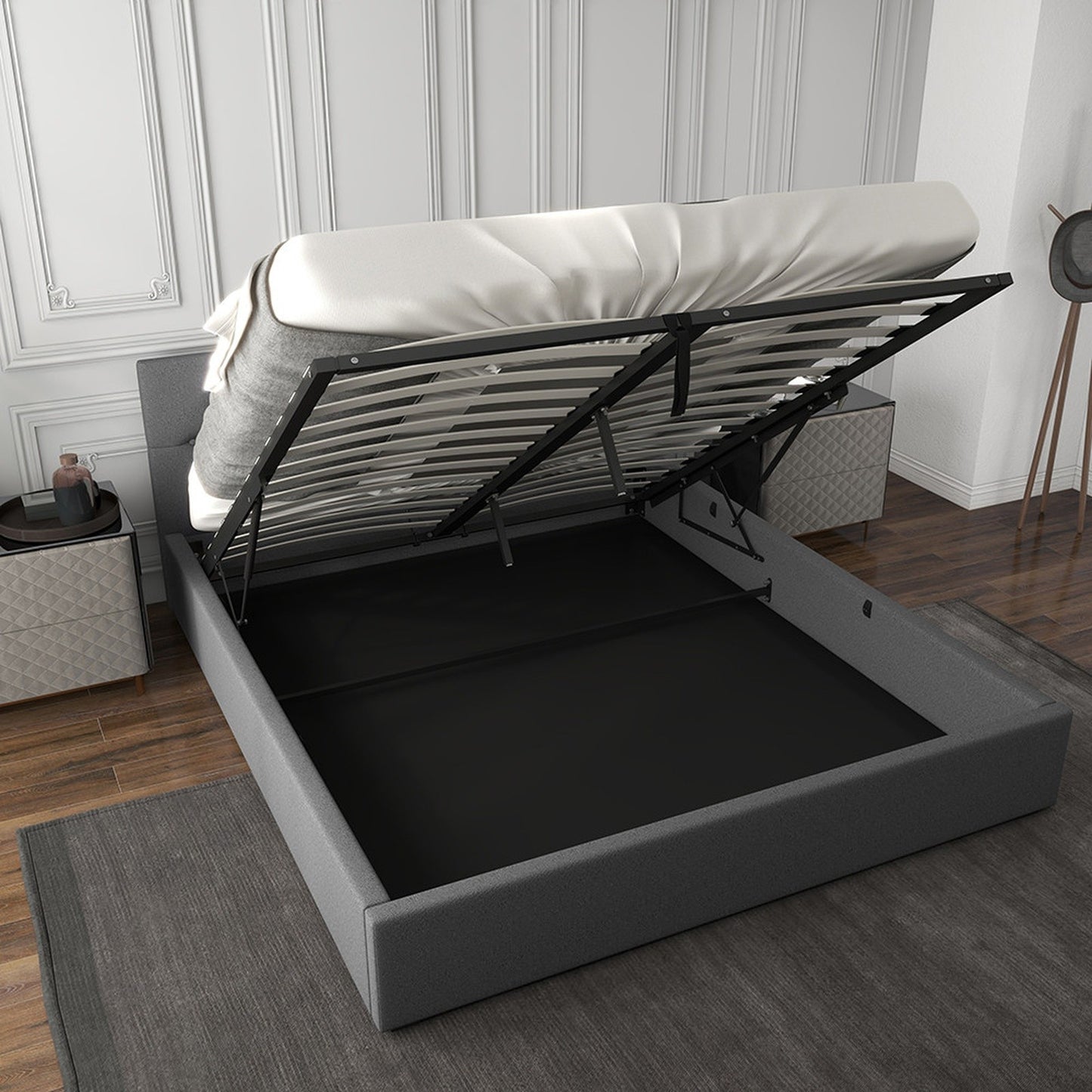 Grey Gas Lift Bed Double 200x102x87.5cm