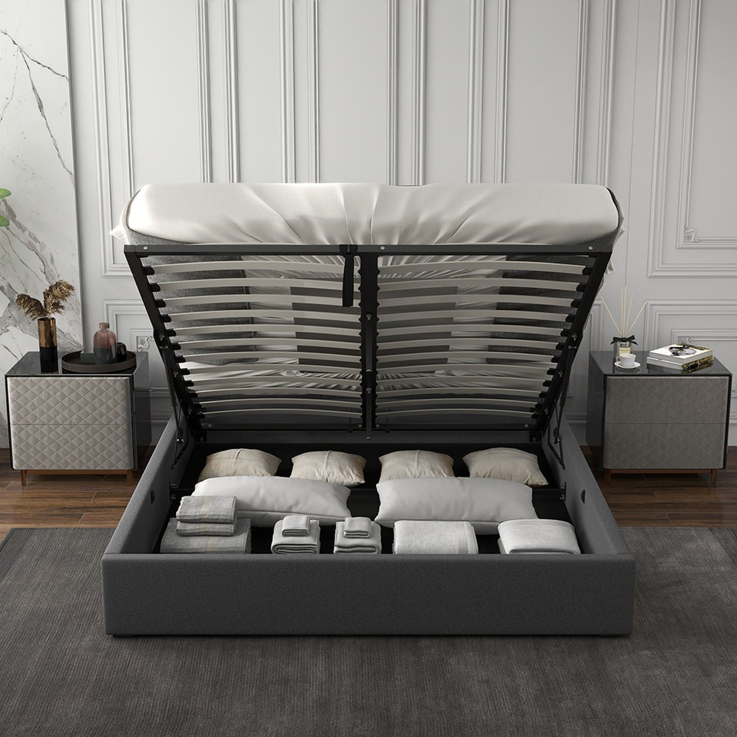 Grey Gas Lift Bed Double 200x102x87.5cm
