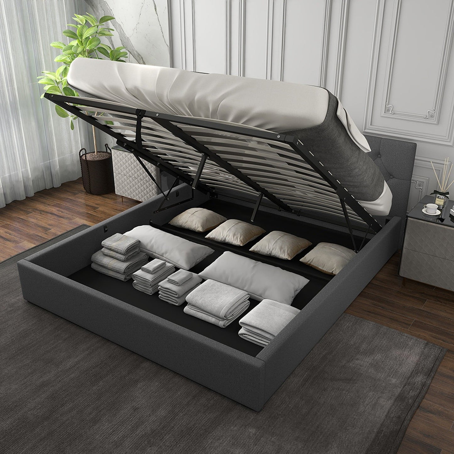 Grey Gas Lift Bed Double 200x102x87.5cm