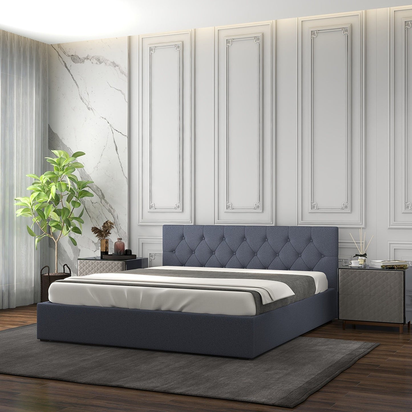 Luxury Gas Lift Storage Bed with Upholstered Headboard Charcoal King Single