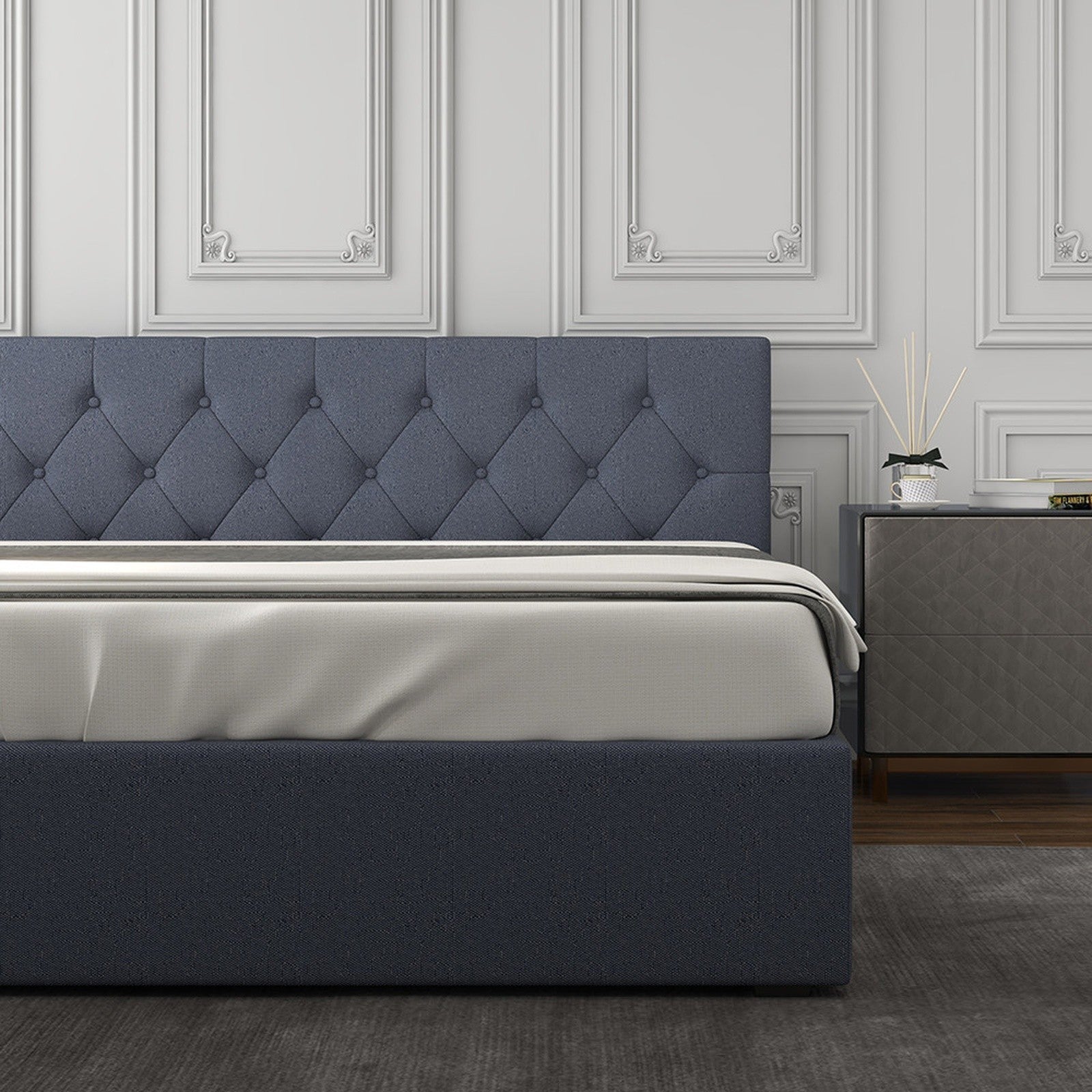 Luxury Gas Lift Storage Bed with Upholstered Headboard Charcoal King Single