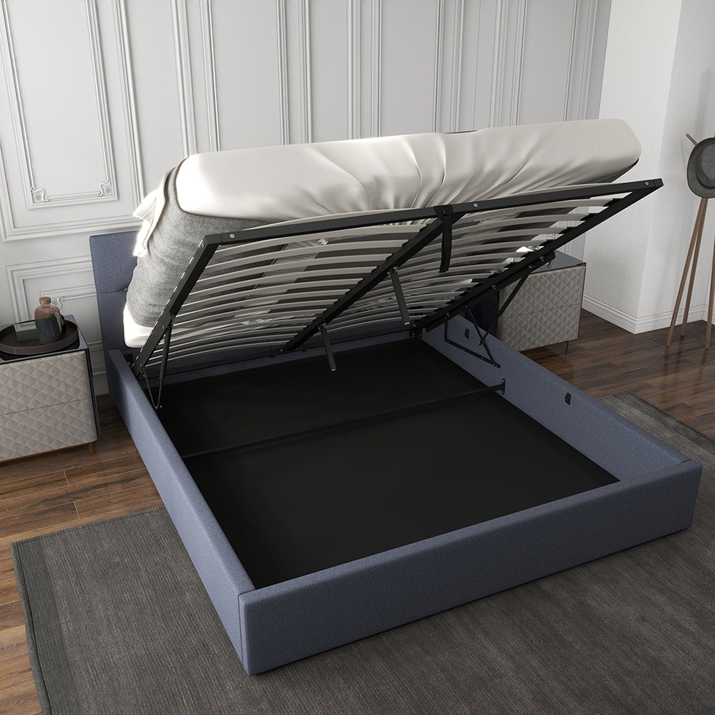Luxury Gas Lift Storage Bed with Upholstered Headboard Charcoal King Single