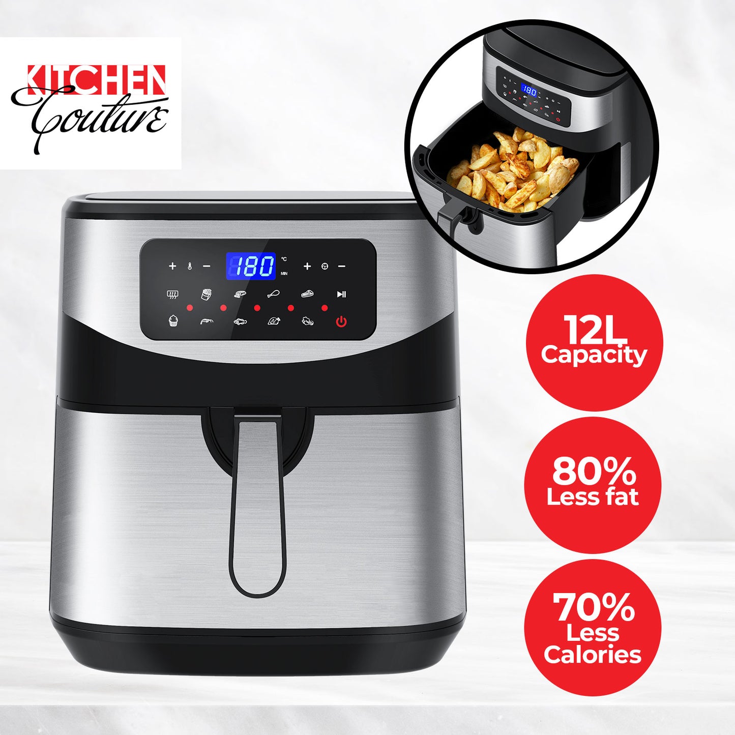 Kitchen Couture 12L Digital Air Fryer Oven Cooker Rotisserie Silver