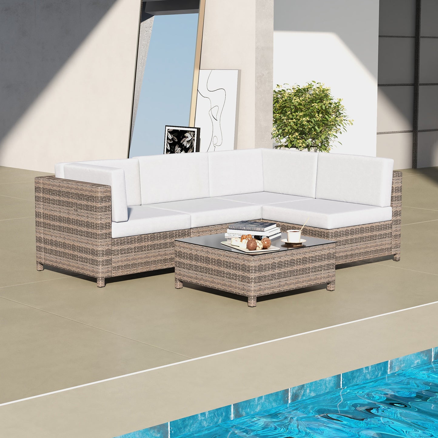 Outdoor 5PC Rattan Sofa Set Oatmeal Cushions Black Frame Patio Furniture