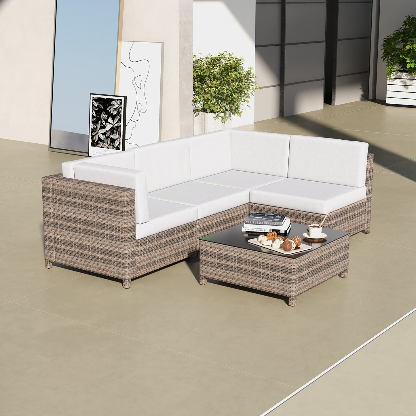 Outdoor 5PC Rattan Sofa Set Oatmeal Cushions Black Frame Patio Furniture