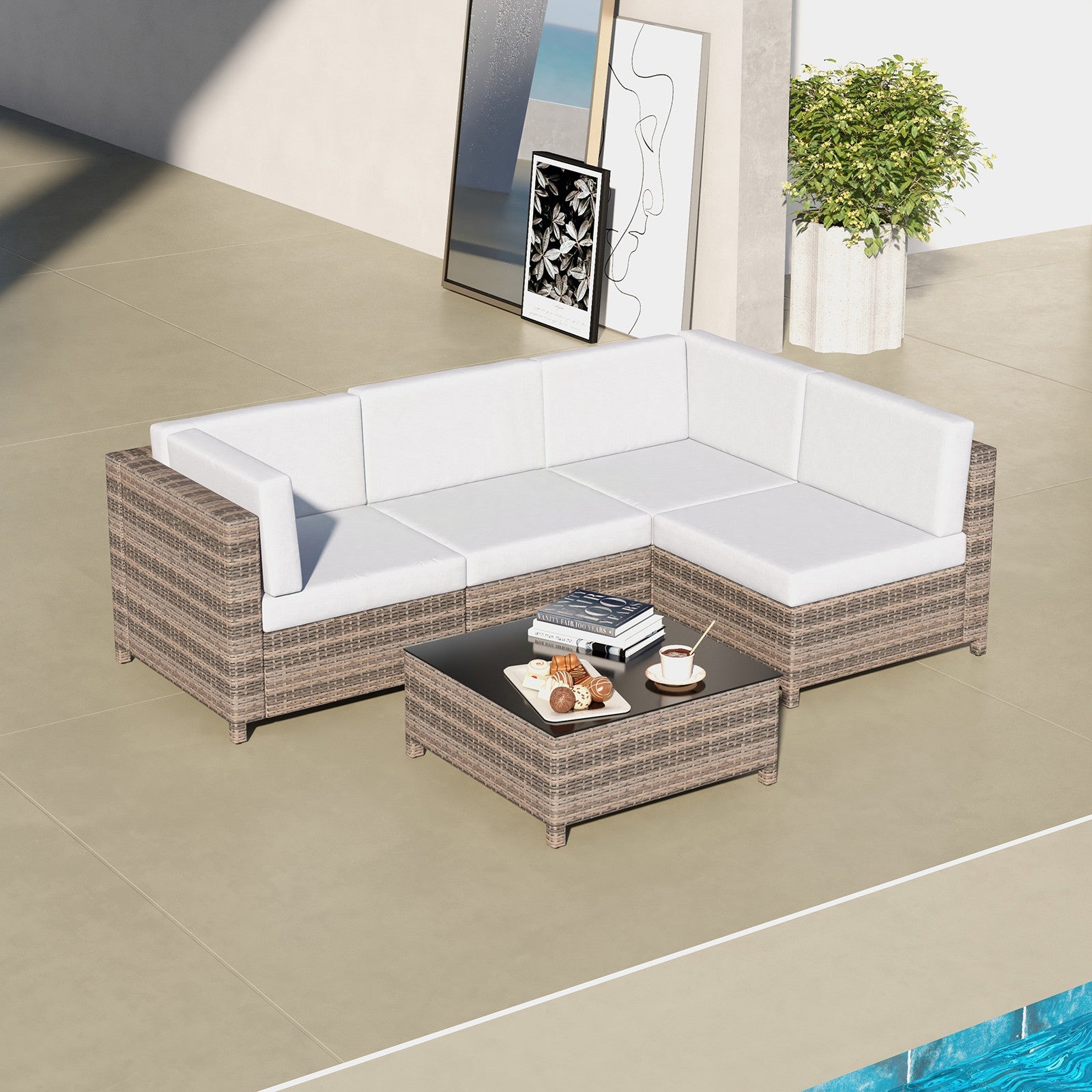 Outdoor 5PC Rattan Sofa Set Oatmeal Cushions Black Frame Patio Furniture