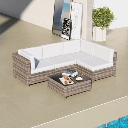 Outdoor 5PC Rattan Sofa Set Oatmeal Cushions Black Frame Patio Furniture