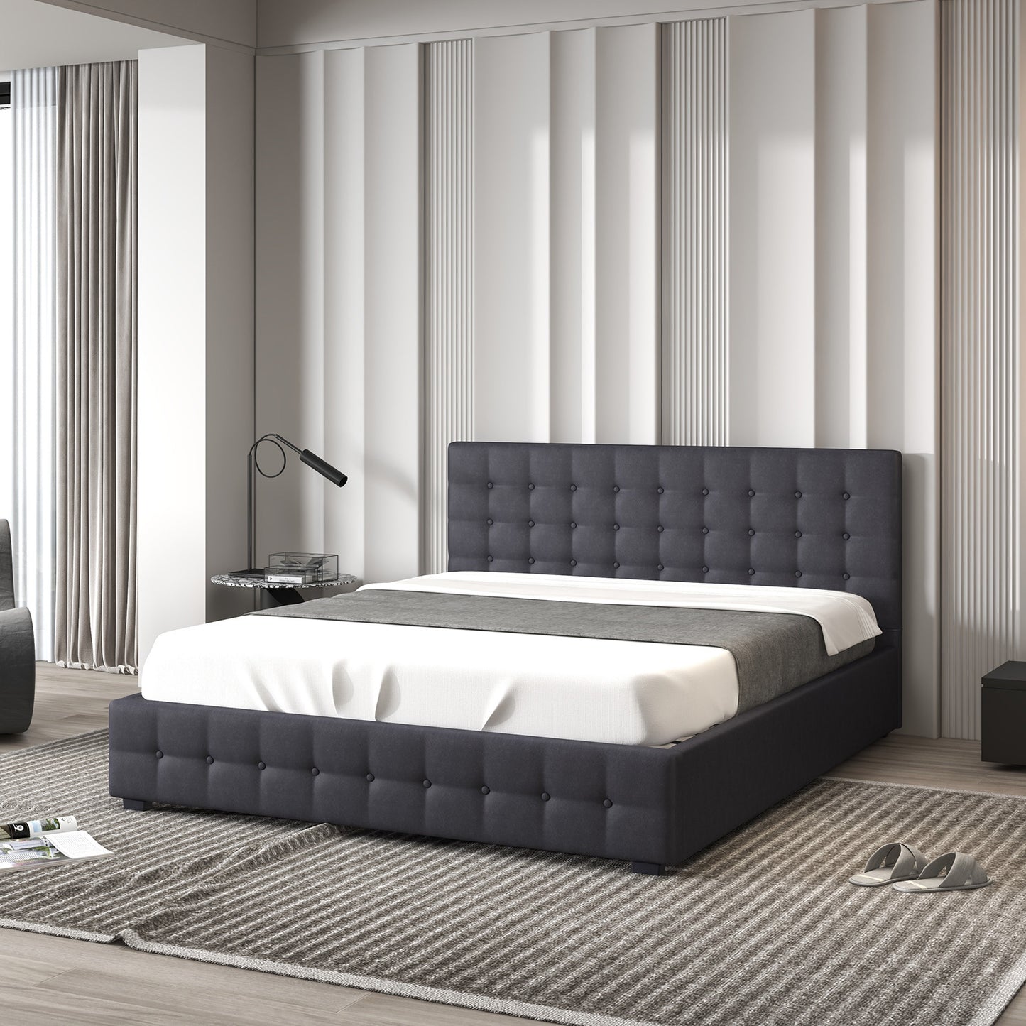Decor Eden Gas Lift Storage Bed with Upholstered Headboard Dark Grey King Single