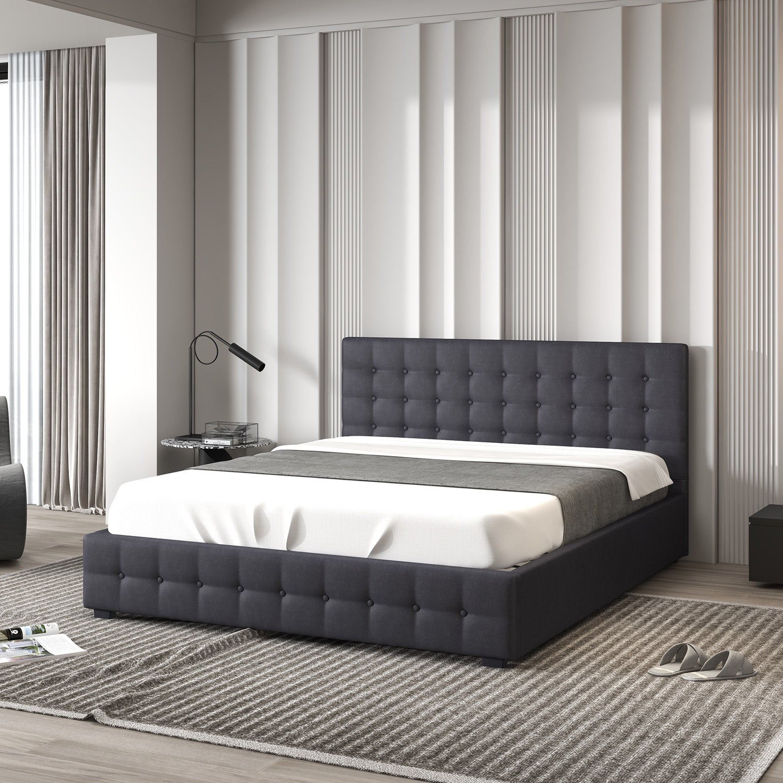 Decor Eden Gas Lift Storage Bed with Upholstered Headboard Dark Grey King Single
